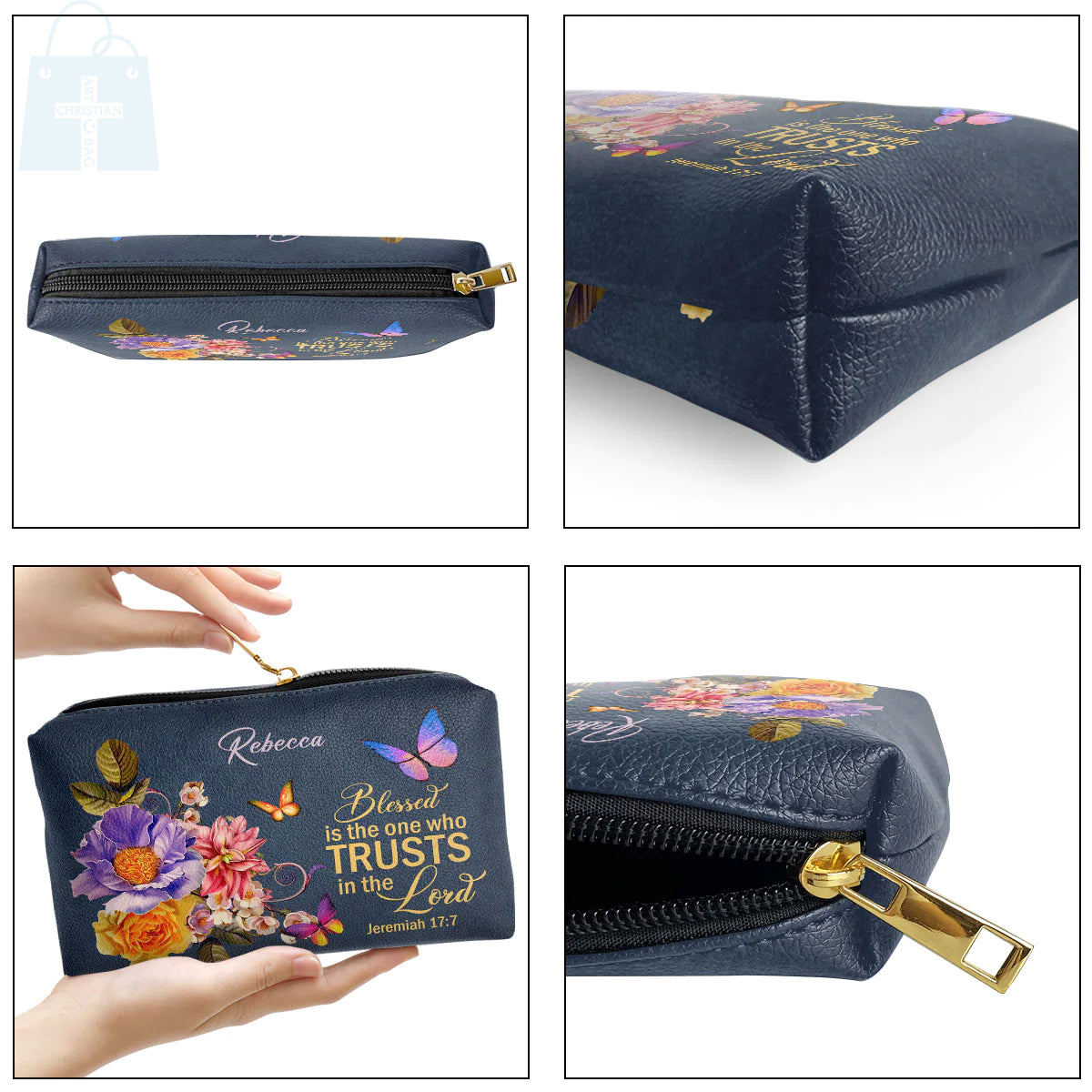 Christianartbag Makeup Cosmetic Bag, Blessed Is The Woman Who Trusts In The Lord Jeremiah 17:7, Christmas Gift, Personalized Leather Cosmetic Bag. - Christian Art Bag