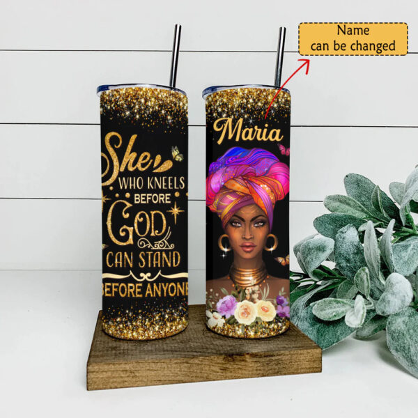 Christianartbag Skinny Tumbler, She Who Kneels Before God, Skinny Tumbler Christian Bible Verse, Personalized Tumbler. - Christian Art Bag