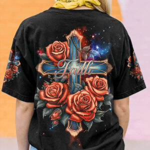 Christianartbag 3D T-Shirt For Women, Faith Cross Rose Vintage Women's All Over Print Shirt, Christian Shirt, Faithful Fashion, 3D Printed Shirts for Christian Women - Christian Art Bag