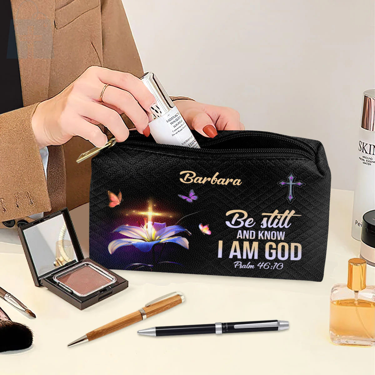 Christianartbag Makeup Cosmetic Bag, Be Still And Know That I Am God, Christmas Gift, Personalized Leather Cosmetic Bag. - Christian Art Bag