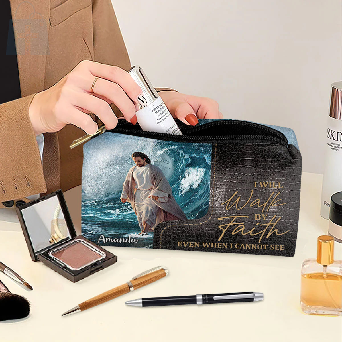 Christianartbag Makeup Cosmetic Bag, I Will Walk By Faith Even When I Cannot See, Christmas Gift, Personalized Leather Cosmetic Bag. - Christian Art Bag