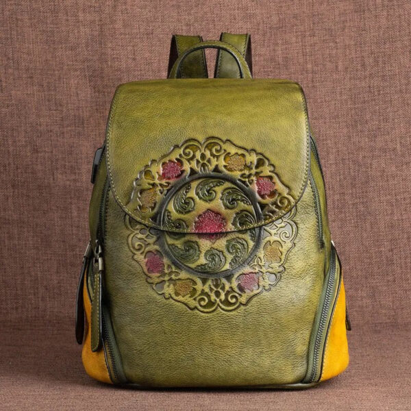 Christianartbag Handmade Leather Bag, Backpack Retro Genuine Leather Backpacks For Women New Handmade Embossed Vintage Bag China Style Backpack Ladies, CABHMB04161023 - Christian Art Bag