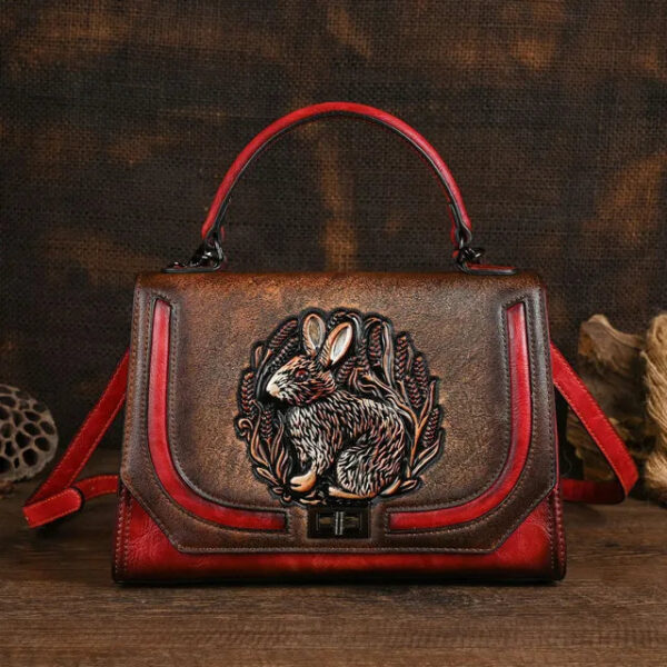 Christianartbag Handmade Leather Bag, Autumn Summer New Women's Bag Retro Ethnic Style Rabbit Embossed Red Female Crossbody Bags Handmade Women Leather Handbags, CABHMB14141023 - Christian Art Bag