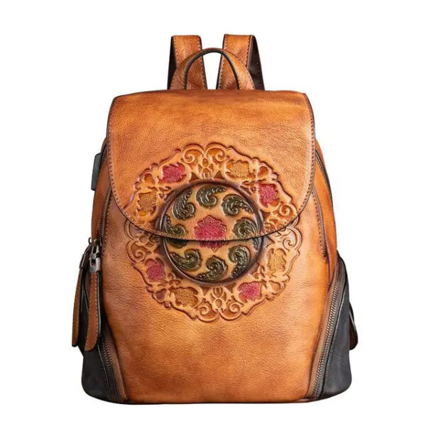 Christianartbag Handmade Leather Bag, Backpack Retro Genuine Leather Backpacks For Women New Handmade Embossed Vintage Bag China Style Backpack Ladies, CABHMB04161023 - Christian Art Bag