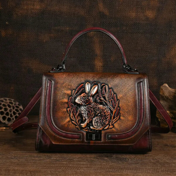 Christianartbag Handmade Leather Bag, Autumn Summer New Women's Bag Retro Ethnic Style Rabbit Embossed Red Female Crossbody Bags Handmade Women Leather Handbags, CABHMB14141023 - Christian Art Bag