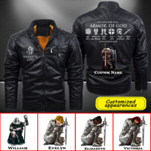 Christianartbag Leather Jacket, Warrior Of God Personalized Leather Jacket, Warm Jacket, Winter Outer Wear Personalized Leather Jacket, Warm Jacket, Winter Outer Wear, Gift for Him, CABJKL04061123. - Christian Art Bag