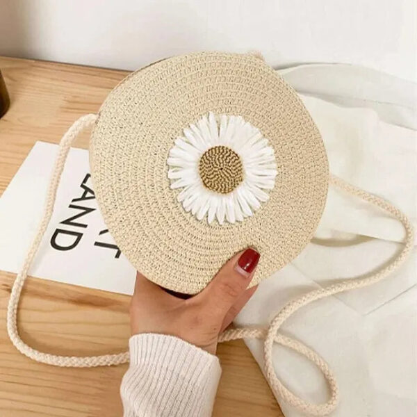 Christianartbag Handmade Bag, Minimalist Straw Bag Round, Flower Graphic Circle Straw Bag, Vintage Shoulder Beach Bag, Women's Crossbody Purse Mini Floral Decor Straw Crossbody Bag, CABHMB02141023. - Christian Art Bag