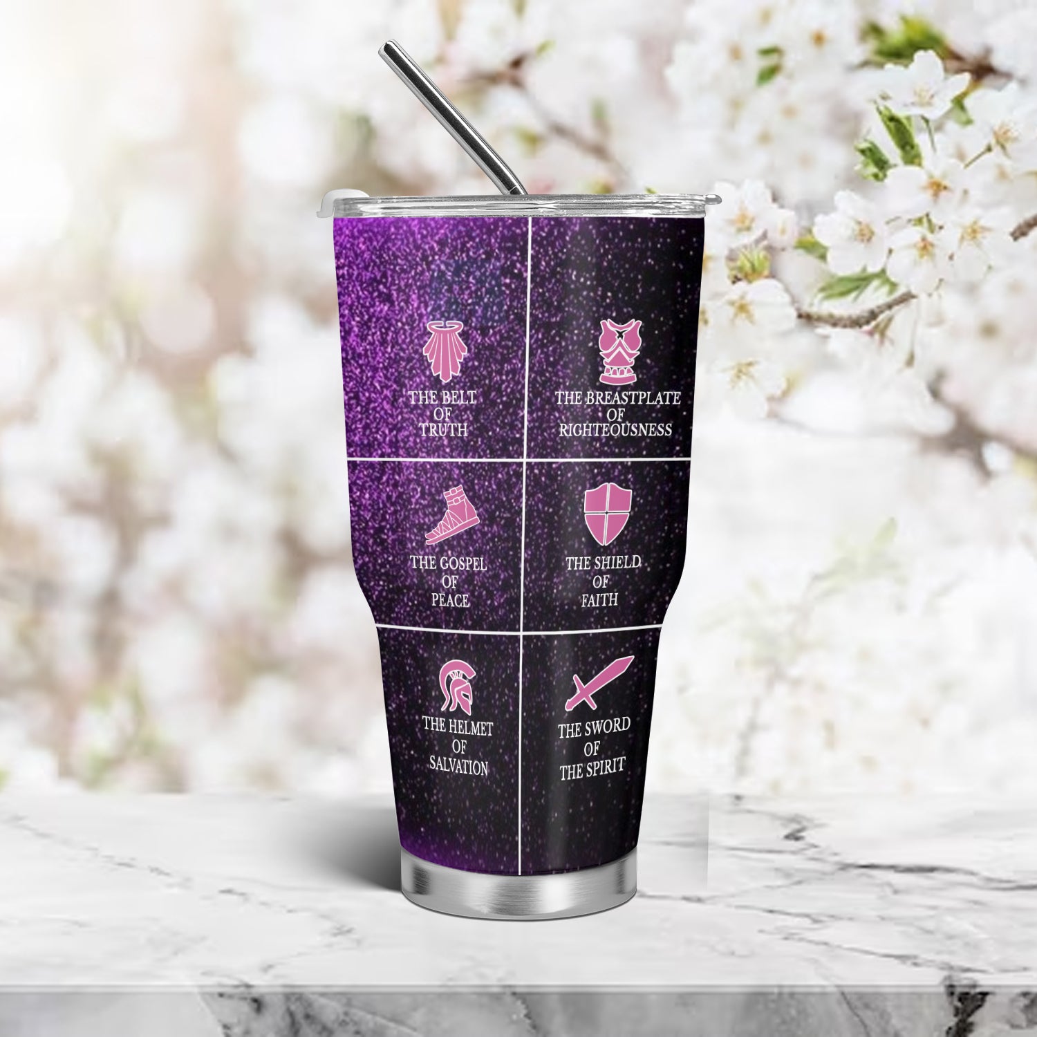 Christianartbag Drinkware, Put On The Full Armor Of God, Personalized Mug, Purple Pink Tumbler, Christian Gift, CABTB08160823. - Christian Art Bag