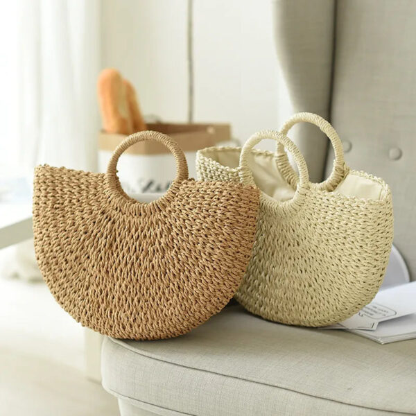 Christianartbag Handmade Bag, Summer & Autumn Handmade Bags for Women Beach Weaving Ladies Straw Bag Wrapped Beach Bag Moon shaped Top Handle Handbags Totes, CABHMB04141023. - Christian Art Bag