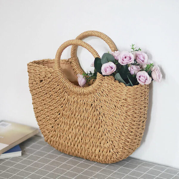 Christianartbag Handmade Bag, Summer & Autumn Handmade Bags for Women Beach Weaving Ladies Straw Bag Wrapped Beach Bag Moon shaped Top Handle Handbags Totes, CABHMB04141023. - Christian Art Bag