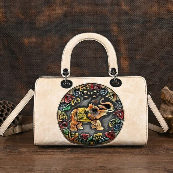 Christianartbag Handmade Leather Bag, Luxury Handbag Vintage Handmade Women Shoulder Bag For Ladies Hand Bags New Vintage Embossed Hand Painted Handmade Handbags Elephant, CABHMB02141023 - Christian Art Bag