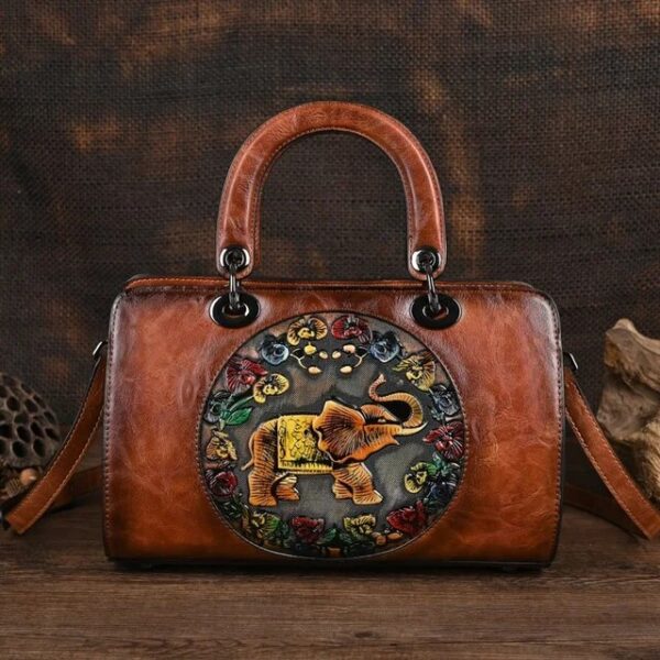 Christianartbag Handmade Leather Bag, Luxury Handbag Vintage Handmade Women Shoulder Bag For Ladies Hand Bags New Vintage Embossed Hand Painted Handmade Handbags Elephant, CABHMB02141023 - Christian Art Bag