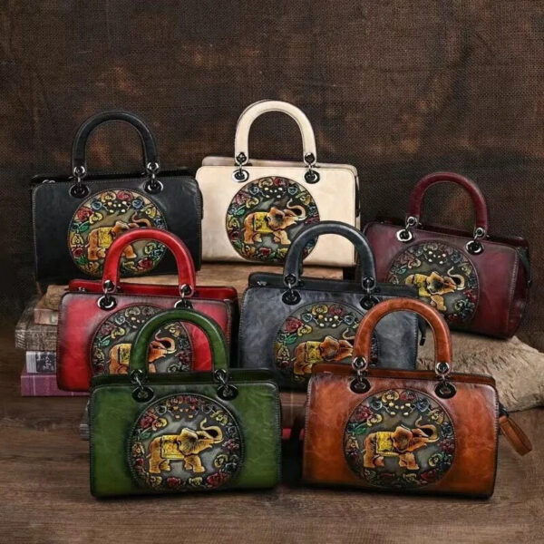 Christianartbag Handmade Leather Bag, Luxury Handbag Vintage Handmade Women Shoulder Bag For Ladies Hand Bags New Vintage Embossed Hand Painted Handmade Handbags Elephant, CABHMB02141023 - Christian Art Bag