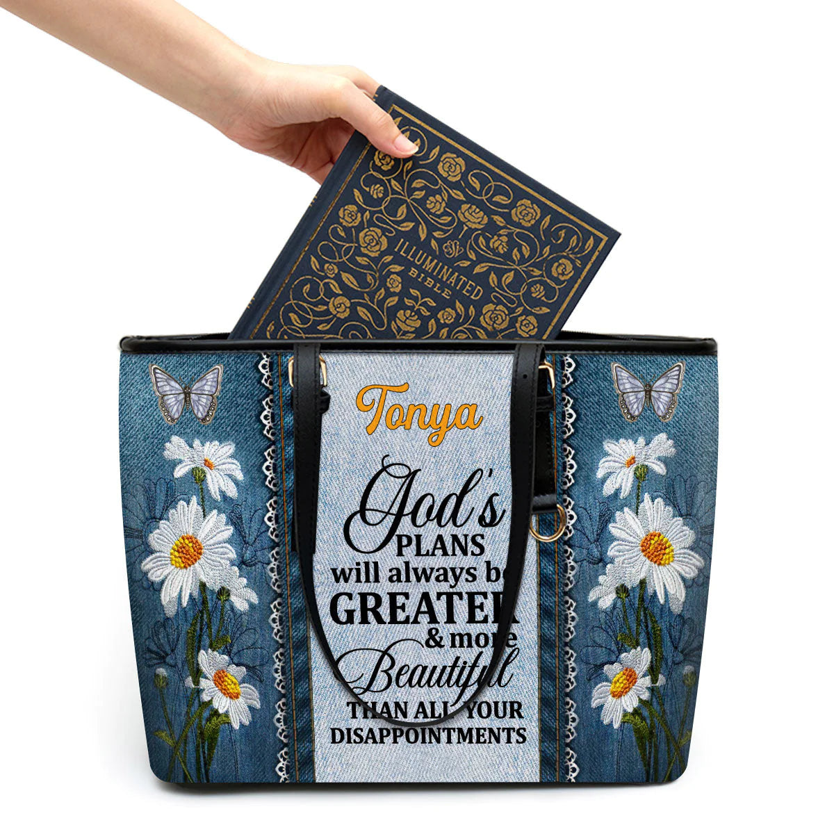 Christianart Handbag, God's Plans Will Always Be Greater Than All Your Disappointments Daisy & Butterfly, Personalized Gifts, Gifts for Women, Christmas Gift. - Christian Art Bag