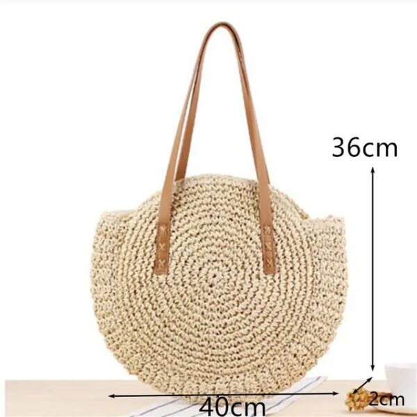 Christianartbag Handmade Bag, Summer & Autumn Round Straw Beach Bag Vintage Handmade Woven Shoulder Bag Raffia circle Rattan bags Bohemian Summer Vacation Casual Bags, CABHMB07141023. - Christian Art Bag