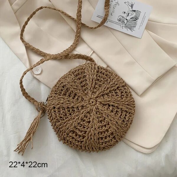 Christianartbag Handmade Bag, Summer & Autumn Round Straw Beach Bag Vintage Handmade Woven Shoulder Bag Raffia circle Rattan bags Bohemian Summer Vacation Casual Bags, CABHMB07141023. - Christian Art Bag