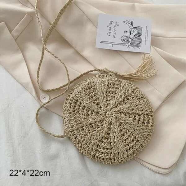 Christianartbag Handmade Bag, Summer & Autumn Round Straw Beach Bag Vintage Handmade Woven Shoulder Bag Raffia circle Rattan bags Bohemian Summer Vacation Casual Bags, CABHMB07141023. - Christian Art Bag