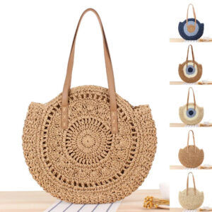 Christianartbag Handmade Bag, Summer & Autumn Round Straw Beach Bag Vintage Handmade Woven Shoulder Bag Raffia circle Rattan bags Bohemian Summer Vacation Casual Bags, CABHMB07141023. - Christian Art Bag