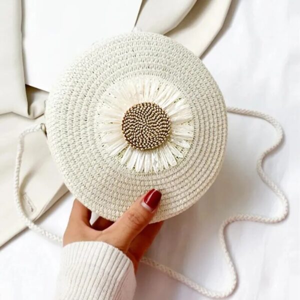 Christianartbag Handmade Bag, Minimalist Straw Bag Round, Flower Graphic Circle Straw Bag, Vintage Shoulder Beach Bag, Women's Crossbody Purse Mini Floral Decor Straw Crossbody Bag, CABHMB02141023. - Christian Art Bag