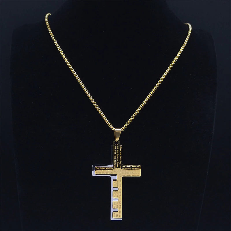 Christianartbag Jewelry, Cross Christian Church Prayer Necklace Men Stainless Steel Gold Color Bible Amulet Necklaces Jewelry,CABJWL02270723 - Christian Art Bag