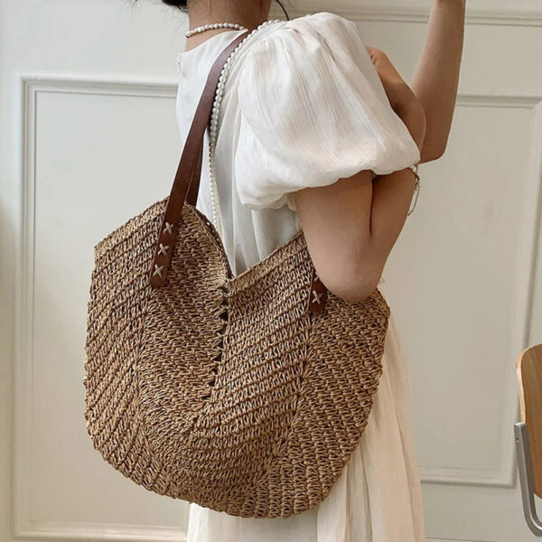 Christianartbag Handmade Bag, Summer & Autumn Straw Bags for Women Straw Shoulder Bags Rattan Woven Top Handle Bag Hollow Raffia Crochet Beach Bag Casual, CABHMB01141023. - Christian Art Bag