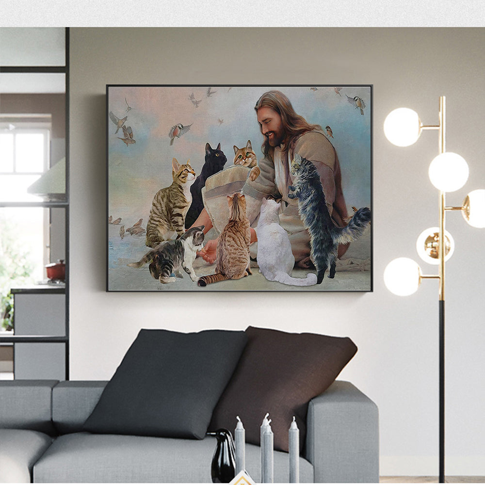 Christianartbag Home Decor, God Surrounded By Cats Angels Canvas Print Poster Jesus Wall Art Cozy Picture for Christian Gift Living Room Home Decor Cuadros - Christian Art Bag