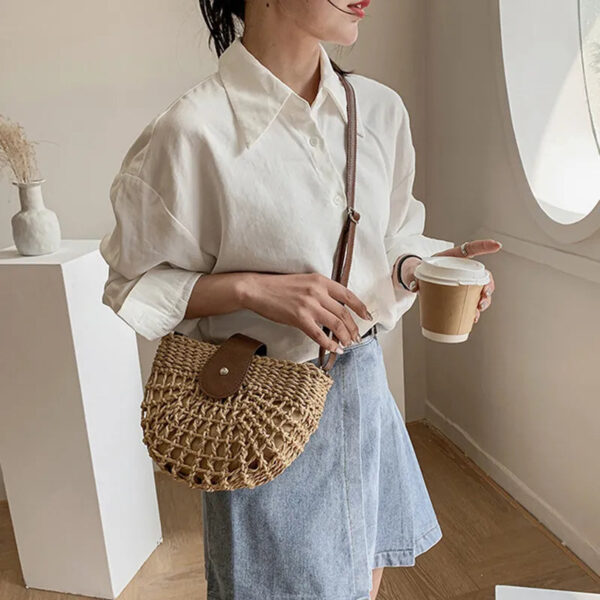 Christianartbag Handmade Bag, Summer & Autumn Straw Bag For Women Fashion Semicircle Crossbody Bags Rattan Handmade Messenger Handbag Travel Beach Bags Tote, CABHMB05141023. - Christian Art Bag