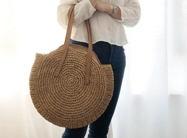 Christianartbag Handmade Bag, Summer & Autumn Round Straw Beach Bag Vintage Handmade Woven Shoulder Bag Raffia circle Rattan bags Bohemian Summer Vacation Casual Bags, CABHMB07141023. - Christian Art Bag