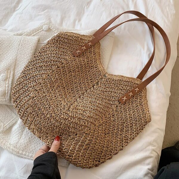 Christianartbag Handmade Bag, Summer & Autumn Straw Bags for Women Straw Shoulder Bags Rattan Woven Top Handle Bag Hollow Raffia Crochet Beach Bag Casual, CABHMB01141023. - Christian Art Bag