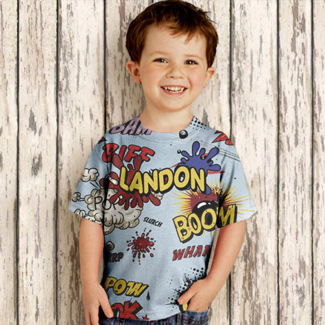 Personalized Boom Pow Comic Shirt, Boys Personalized Superhero Birthday Top, Childrens Clothing - Christian Art Bag