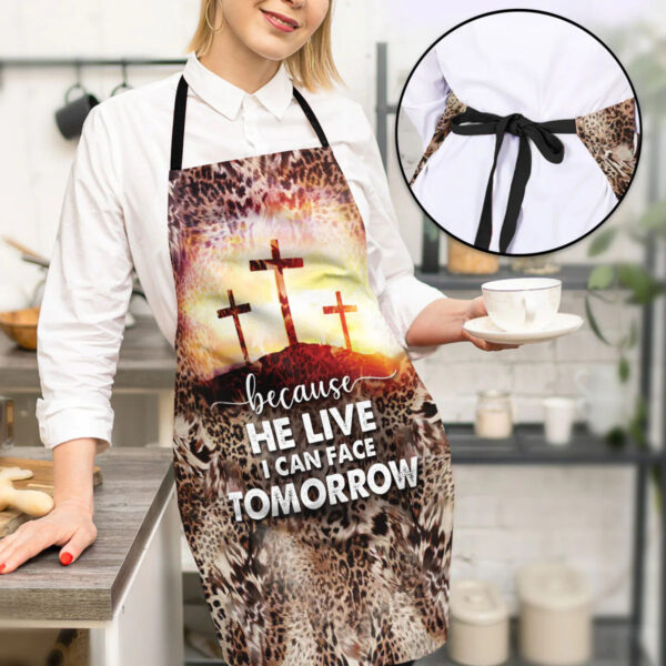 Christianartbag Apron, Because He Lives I Can Face Tomorrow, Leopard Pattern And Three Cross, Apron for Women, Gift For Women, Christmas Gift, - Christian Art Bag