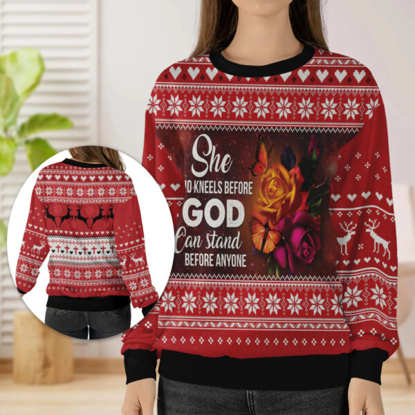 Christianartbag 3D Sweater, She Who Kneels Before God Can Stand Before Anyone, Unisex Sweater, Christmas Gift. - Christian Art Bag