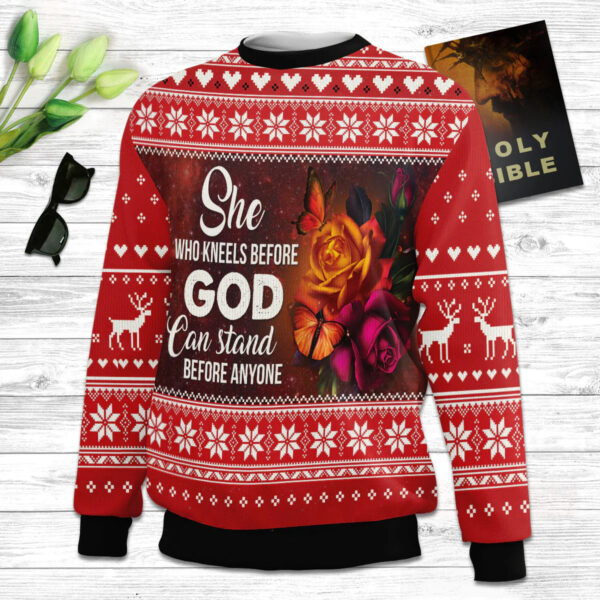 Christianartbag 3D Sweater, She Who Kneels Before God Can Stand Before Anyone, Unisex Sweater, Christmas Gift. - Christian Art Bag