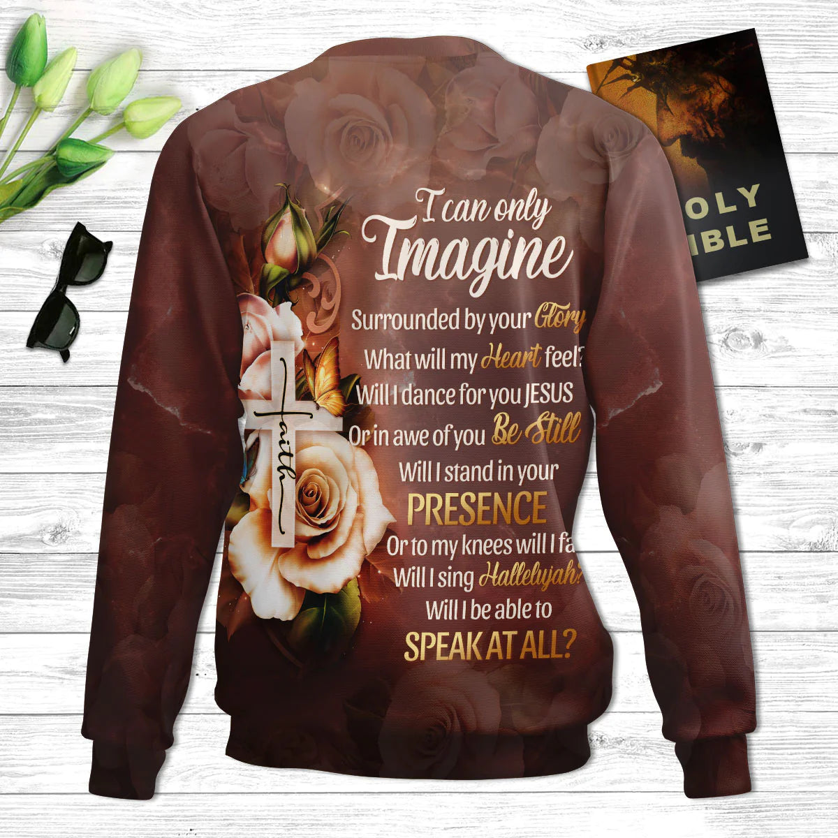 Christianartbag 3D Sweater, I Can Only Imagine Faith Cross And Roses, Unisex Sweater, Christmas Gift. - Christian Art Bag