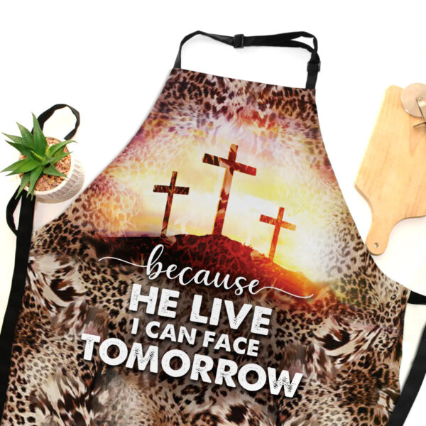 Christianartbag Apron, Because He Lives I Can Face Tomorrow, Leopard Pattern And Three Cross, Apron for Women, Gift For Women, Christmas Gift, - Christian Art Bag