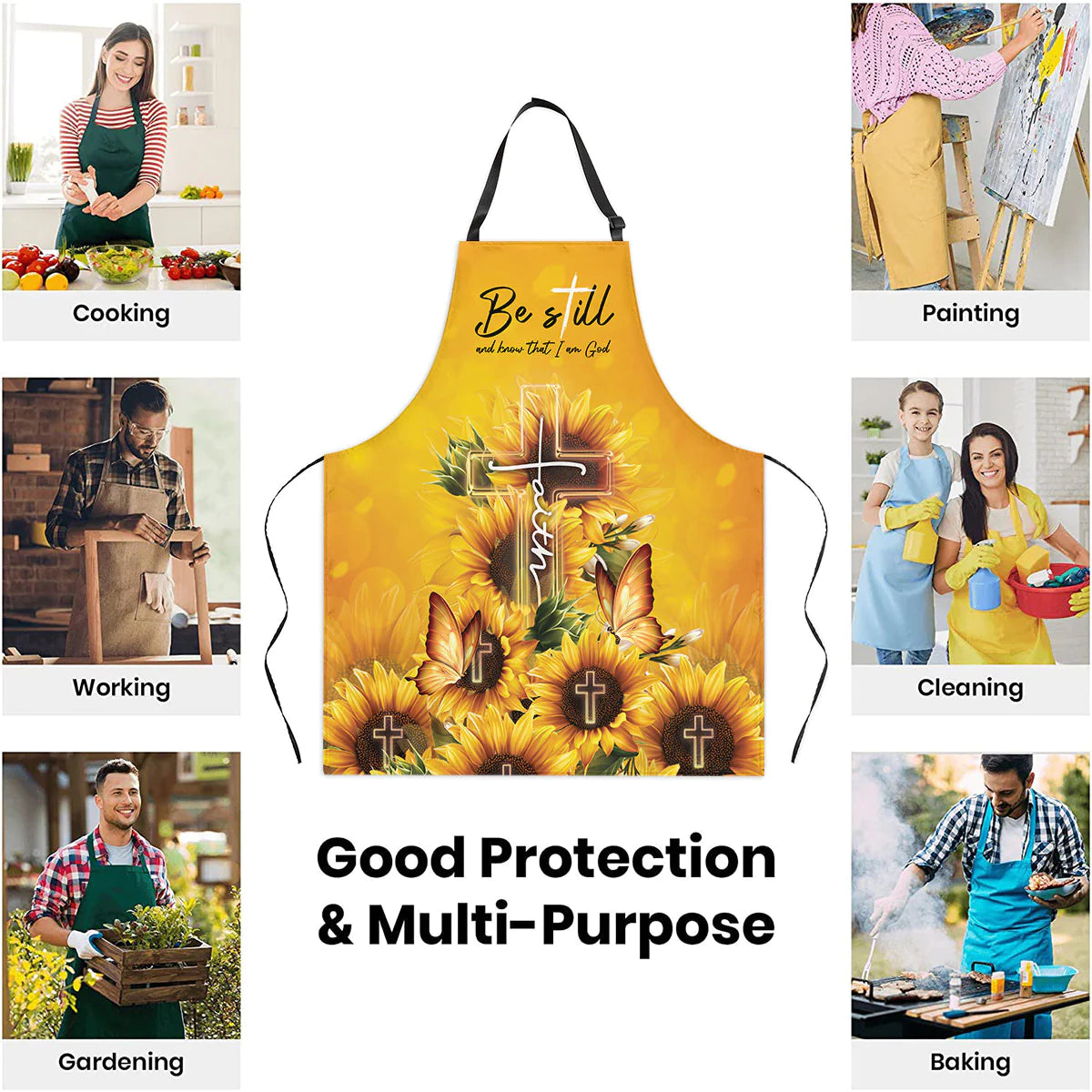 Christianartbag Apron, Be Still And Know That I Am God Psalm 46:10, Sunflower & Faith Cross, Apron for Women, Gift For Women, Christmas Gift, - Christian Art Bag