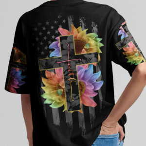 Christianartbag 3D T-Shirt For Women, Faith Rainbow Sunflower Cross Flag, Christian Shirt, Faithful Fashion, 3D Printed Shirts for Christian Women - Christian Art Bag