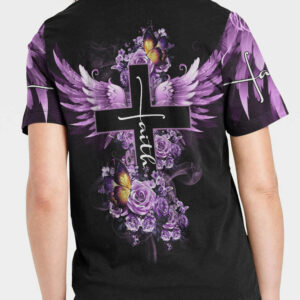 Christianartbag 3D T-Shirt For Women, Faith Butterfly Purple Rose, Christian Shirt, Faithful Fashion, 3D Printed Shirts for Christian Women - Christian Art Bag